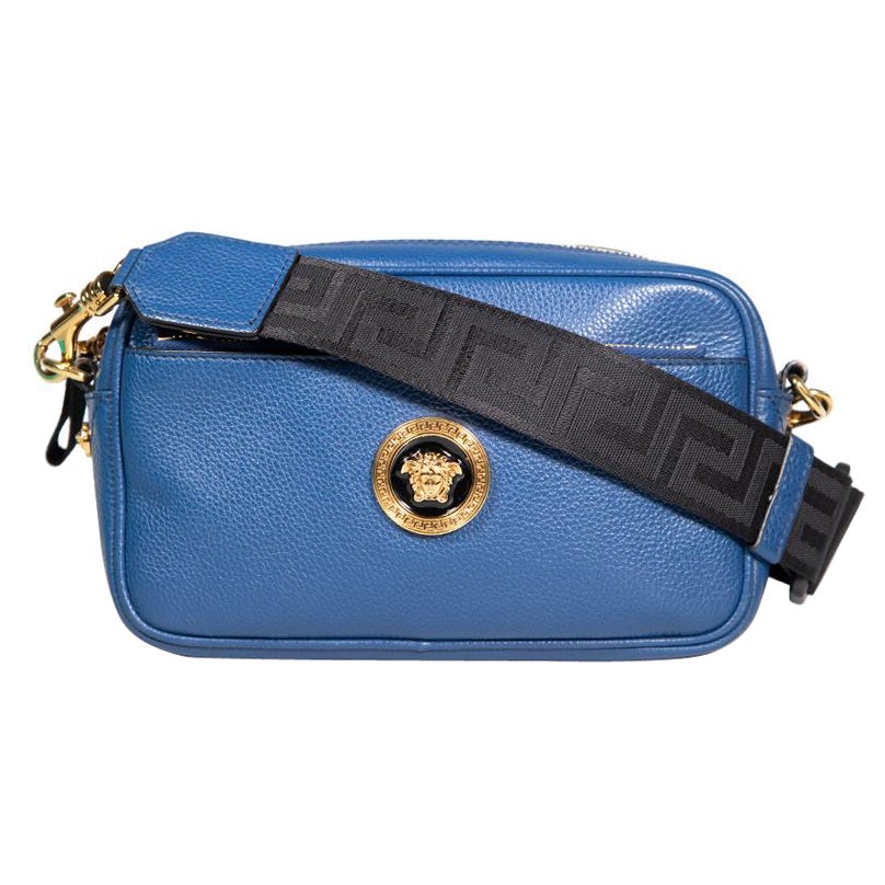 Versace Blue Leather Grained Crossbody Bag For Sale