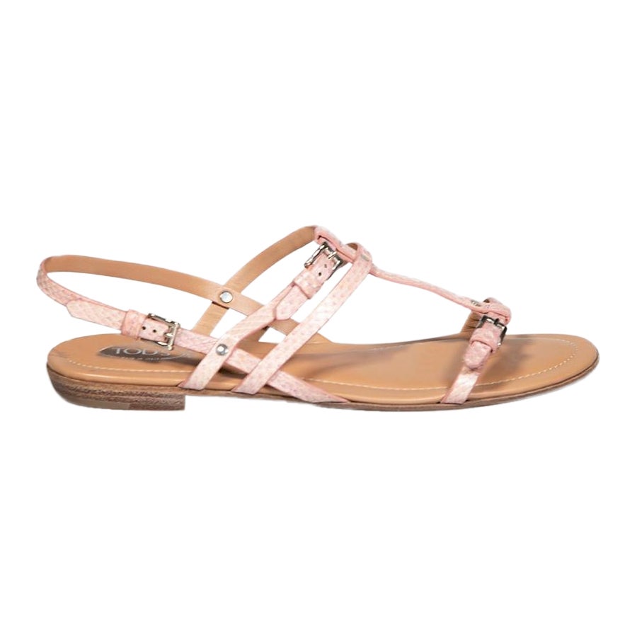 Tod's Pink Snakeskin Leather Buckle Strap Sandals Size IT 38 For Sale