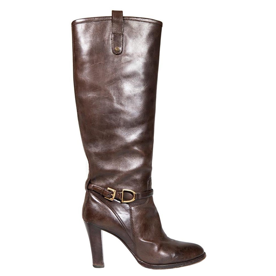 Ralph Lauren Brown Leather Knee-High Heeled Boots Size US 9.5 For Sale
