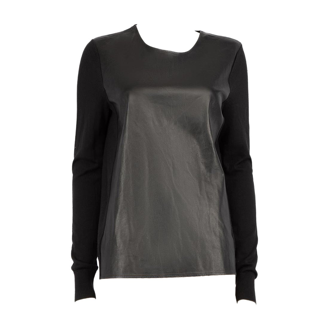 Vince Black Wool Knit Leather Panel Long Sleeve Top Size L For Sale