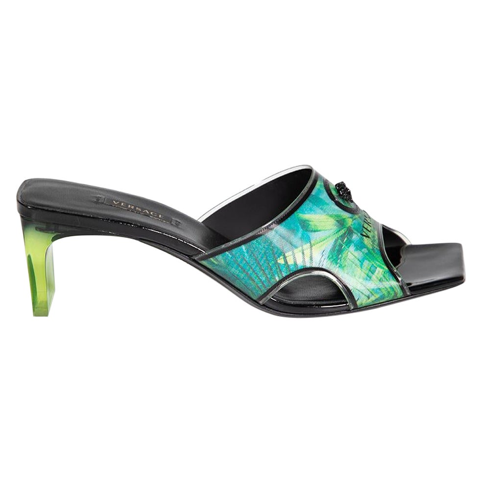 Versace Green Jungle Lenticular Print Logo Mules Size IT 39 For Sale