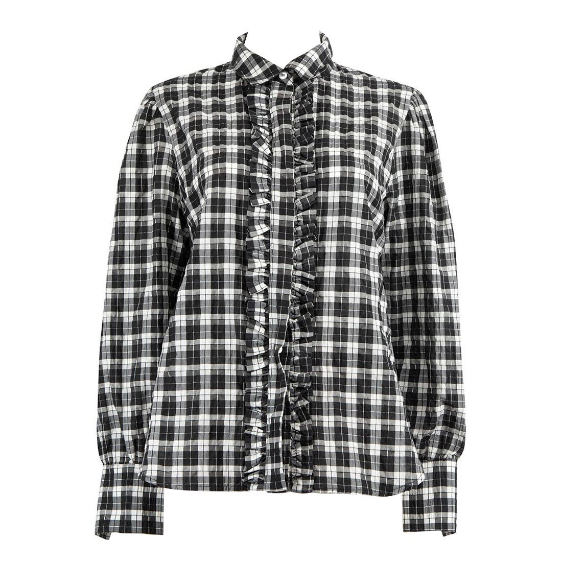 Ganni Black Ruffle Detail Checked Shirt Size L For Sale