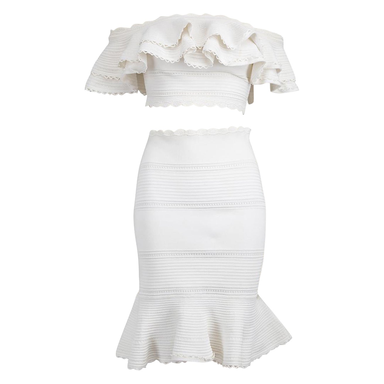 Alexander McQueen White Ruffle Lace Skirt Set Size S For Sale