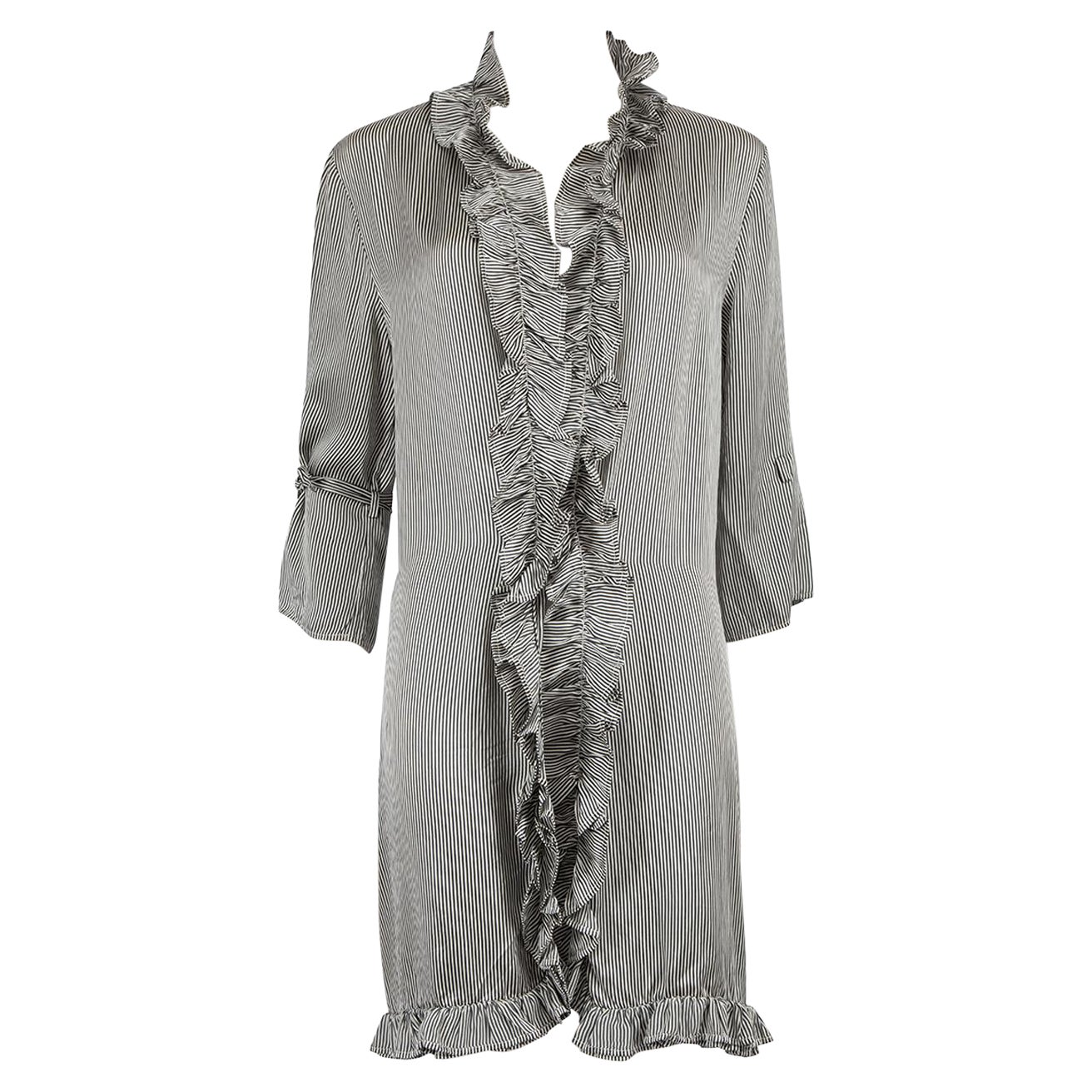 La Perla Black & White Silk Striped Ruffle Trim Robe Size XL For Sale