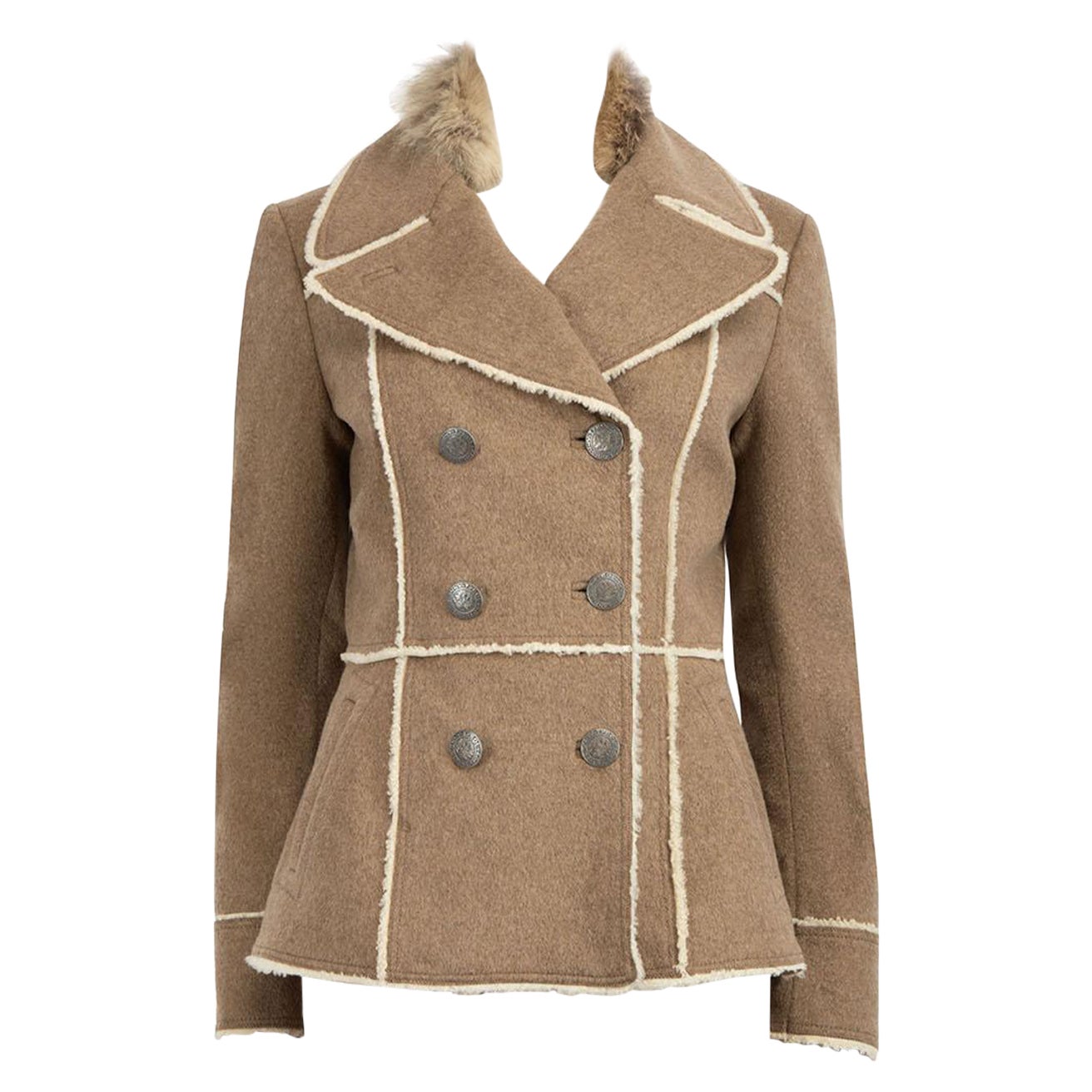 Prada Manteau en laine beige à double boutonnage bordé de fourrure Taille M en vente