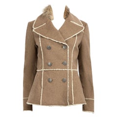 Prada Manteau en laine beige à double boutonnage bordé de fourrure Taille M
