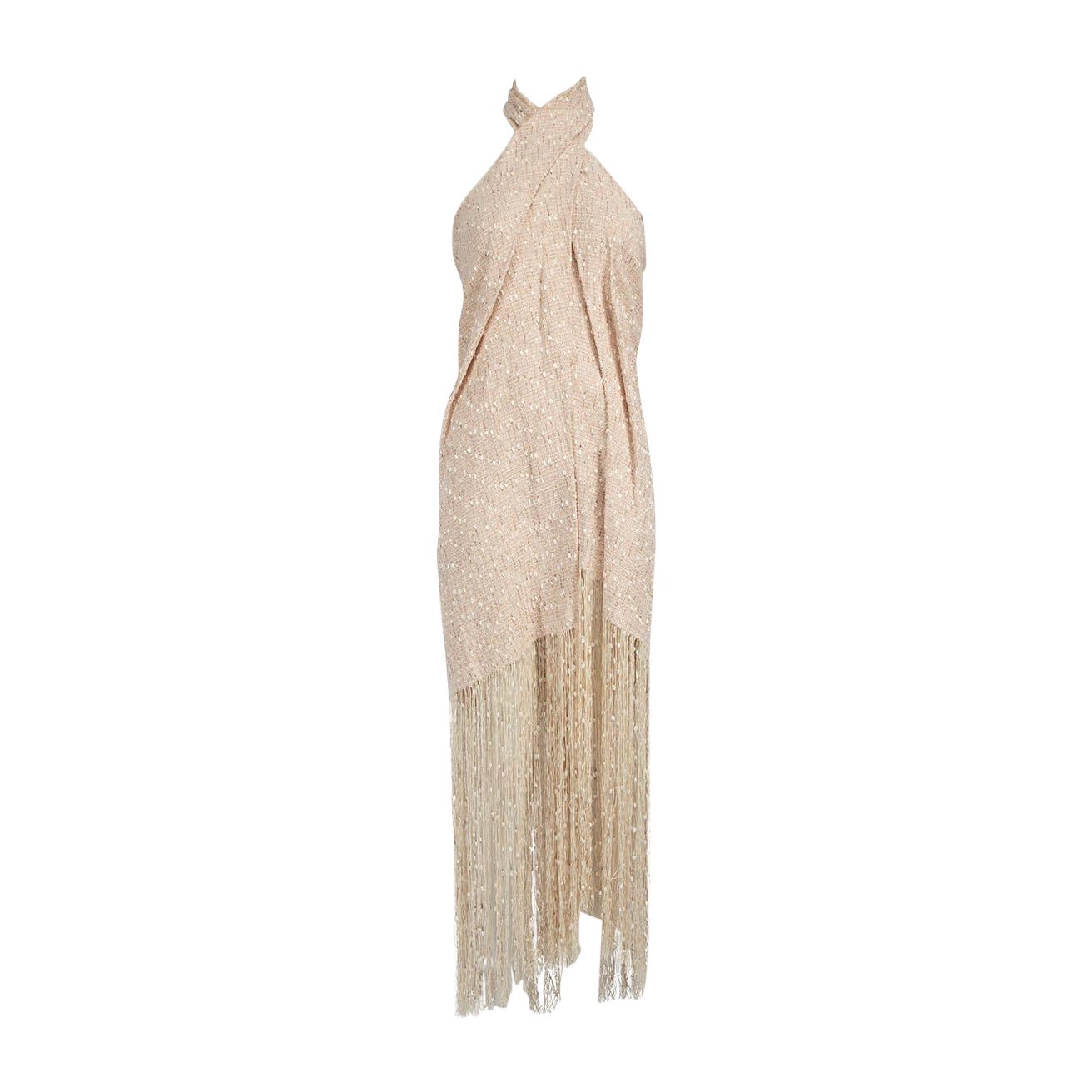 Jacquemus Beige Tweed Valoria Halterneck Fringed Dress Size M For Sale