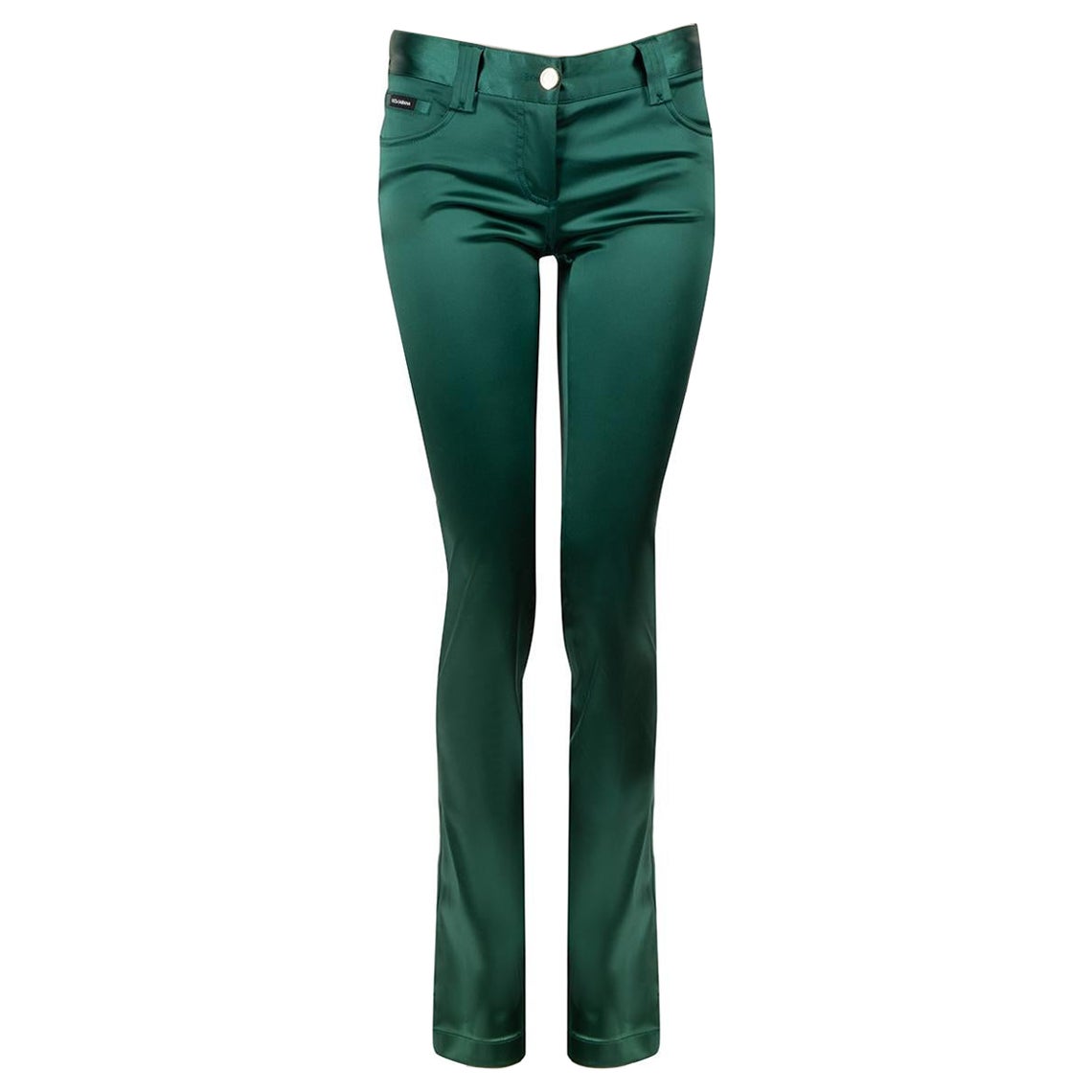Dolce & Gabbana Green Satin Slim Fit Trousers Size XS For Sale