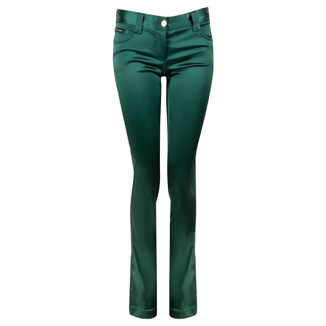 Dolce & Gabbana Pantalon slim en satin vert Taille XS en vente