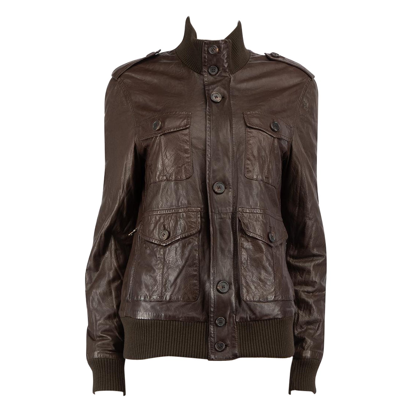 Prada - Blouson bombardier en cuir brun garni de laine - Taille XL en vente