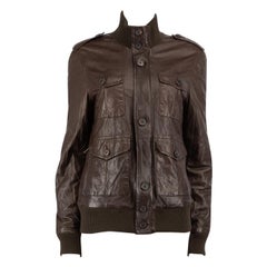 Used Prada Brown Leather Wool Trimmed Bomber Jacket Size XL