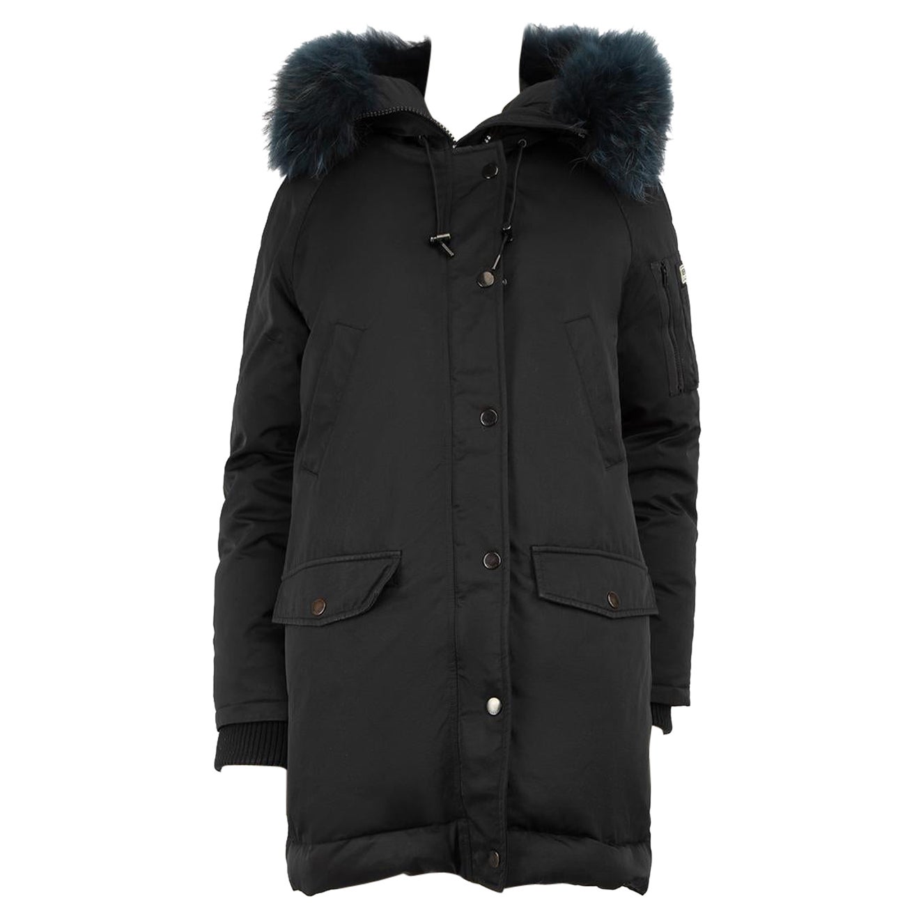 Kenzo Black Fur Trim Padded Coat Size S For Sale