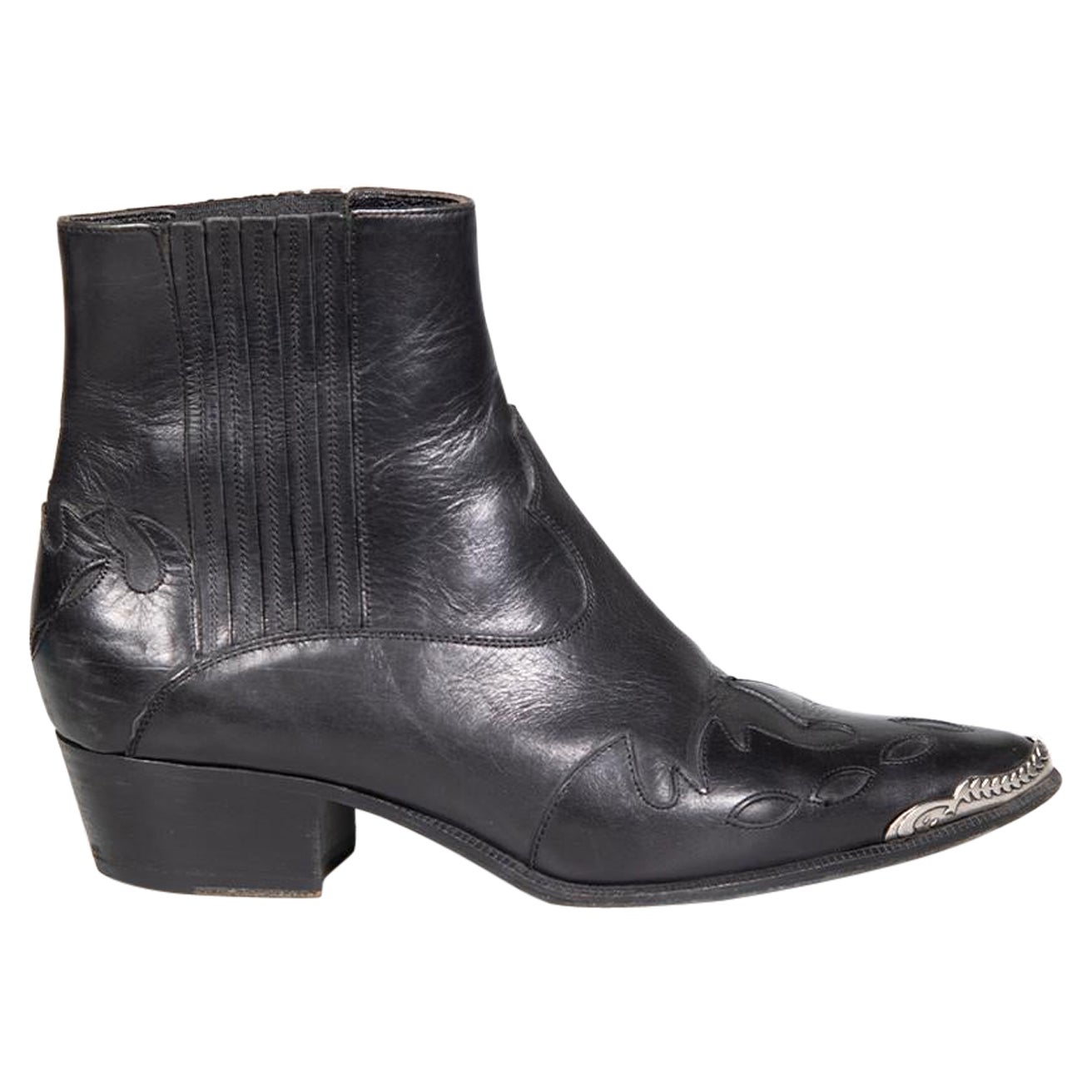 Saint Laurent Black Leather Western Cowboy Boots Size IT 37 For Sale