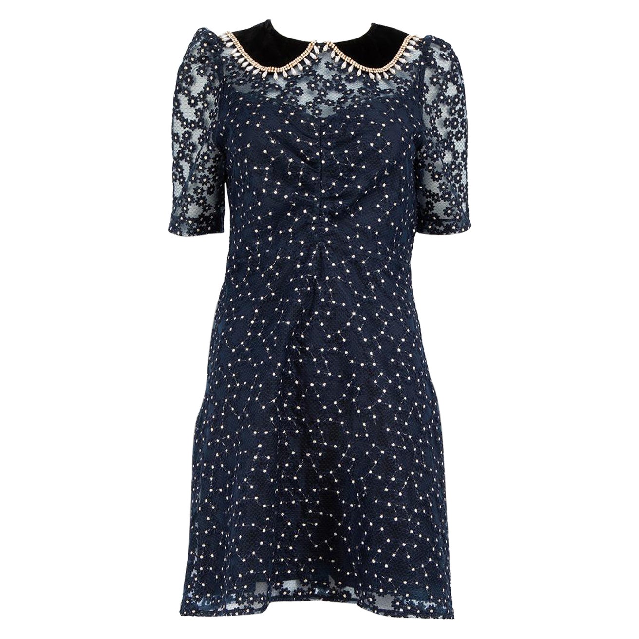 Sandro Navy Floral Lace Crystal Collar Dress Size M For Sale