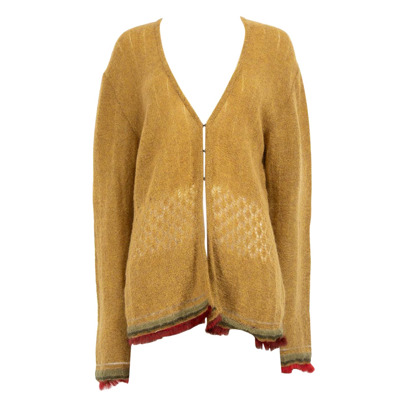 Roberto Cavalli Cardigan vert bordé de fourrure de laine taille XL en vente