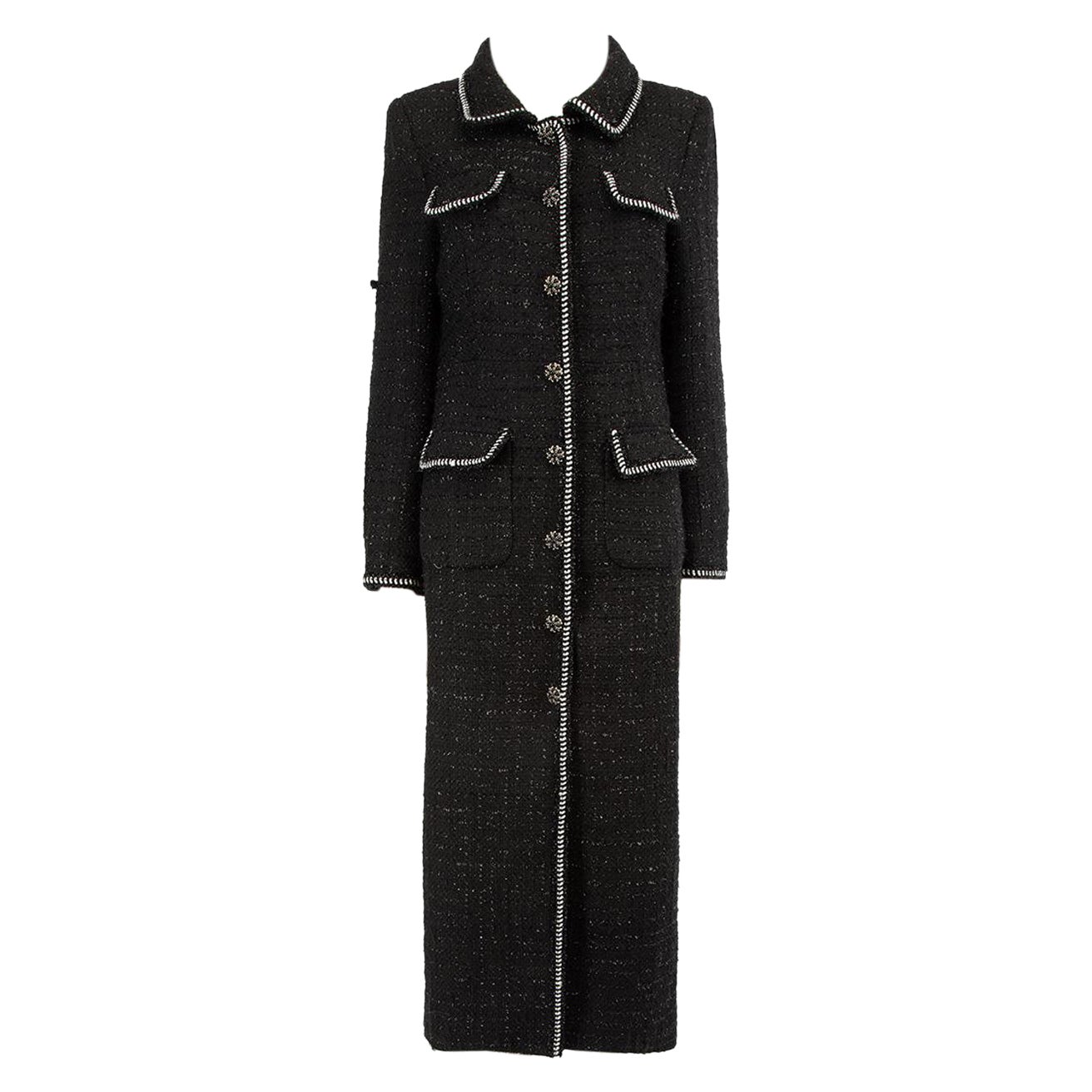 Self-Portrait Black Bouclé Trim Long Coat Size XL For Sale