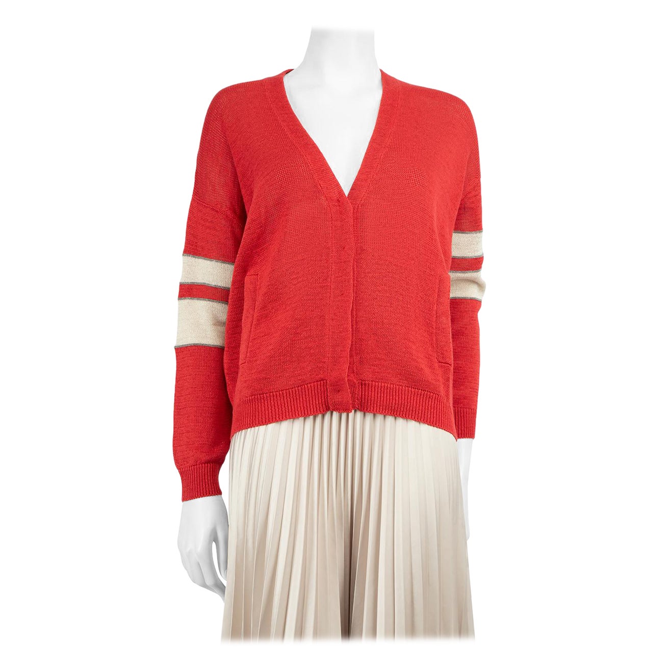Brunello Cucinelli Red Stripe Detail Cardigan Size XS For Sale