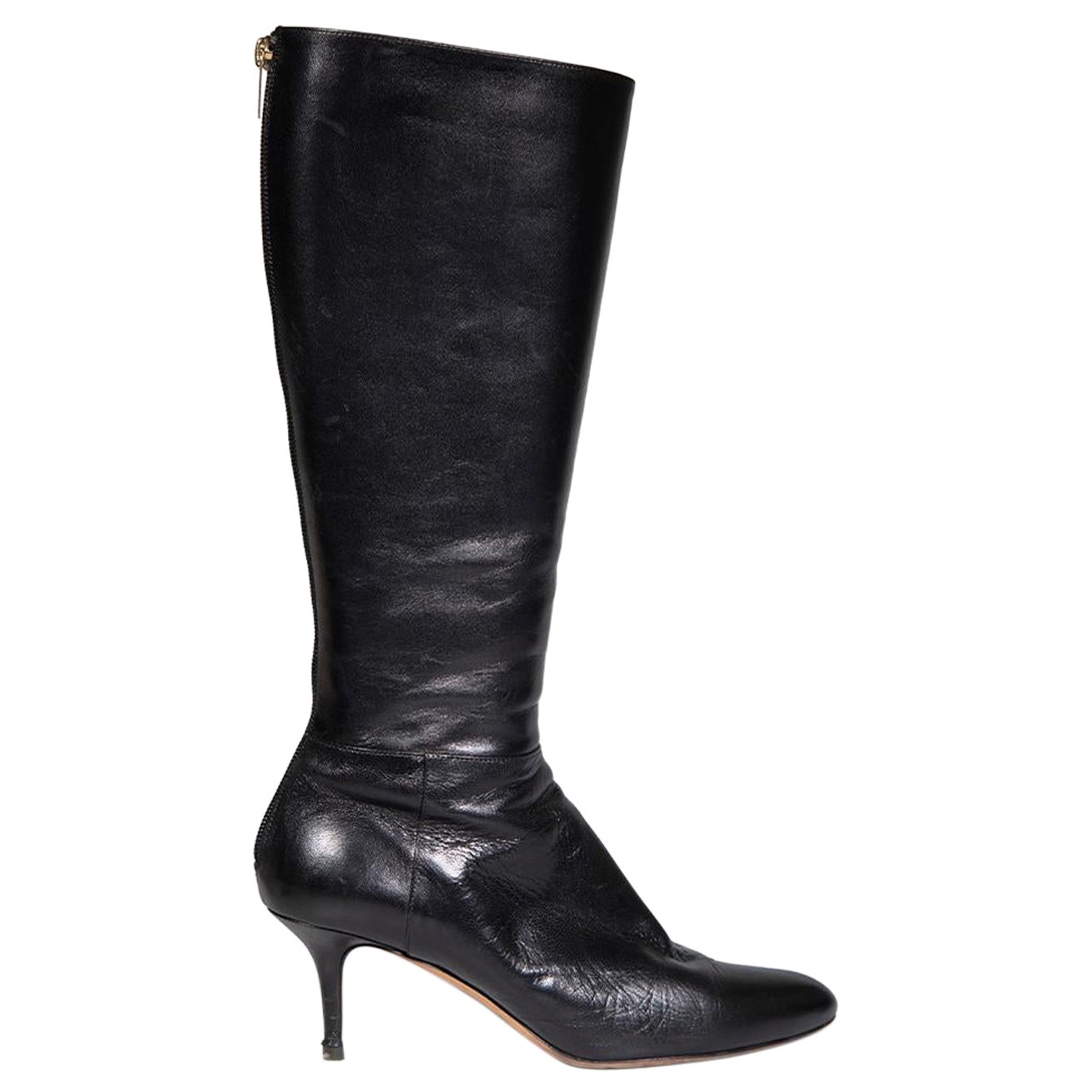 Jimmy Choo Black Leather Mid Heel Knee High Boots Size IT 39 For Sale