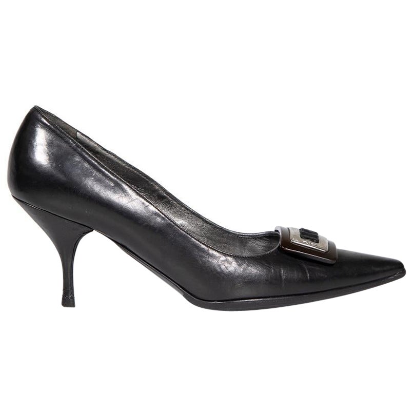 Prada Black Leather Buckled Point Toe Pumps Size IT 37.5 For Sale