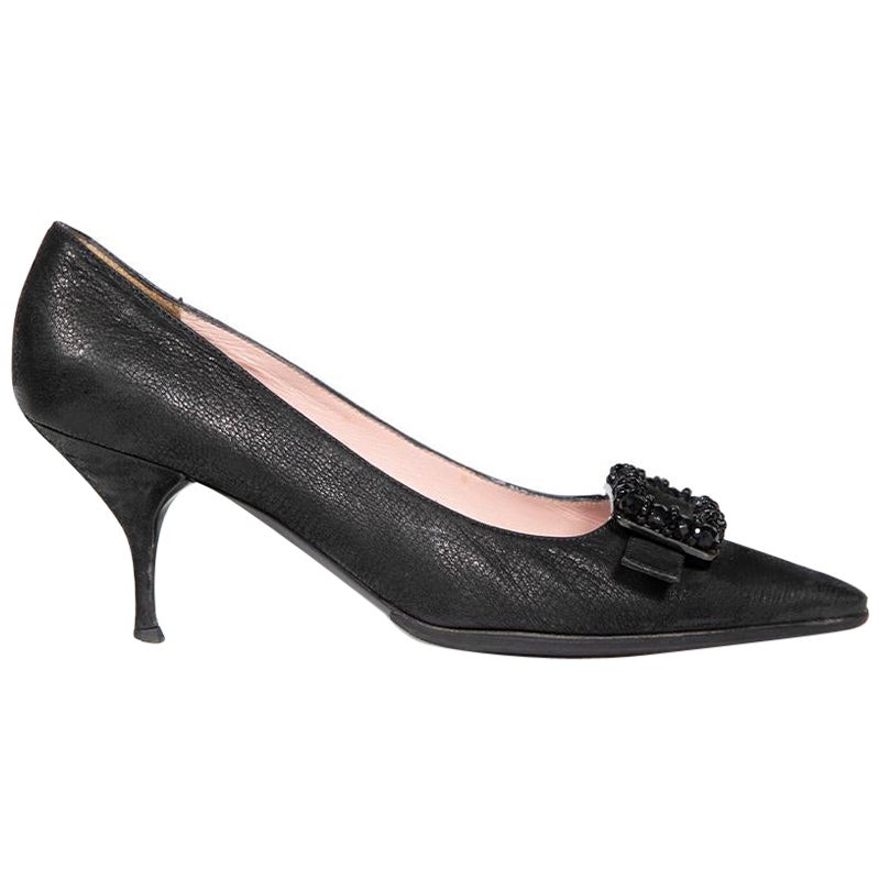 Prada Black Leather Buckle Jewelled Pumps Size IT 37.5 For Sale