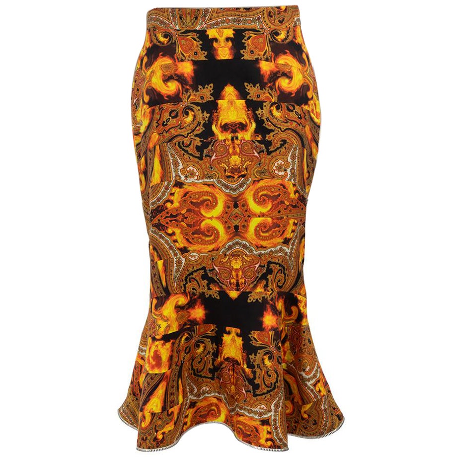 Givenchy Orange Silk Flame Print Zip Trim Skirt Size L For Sale