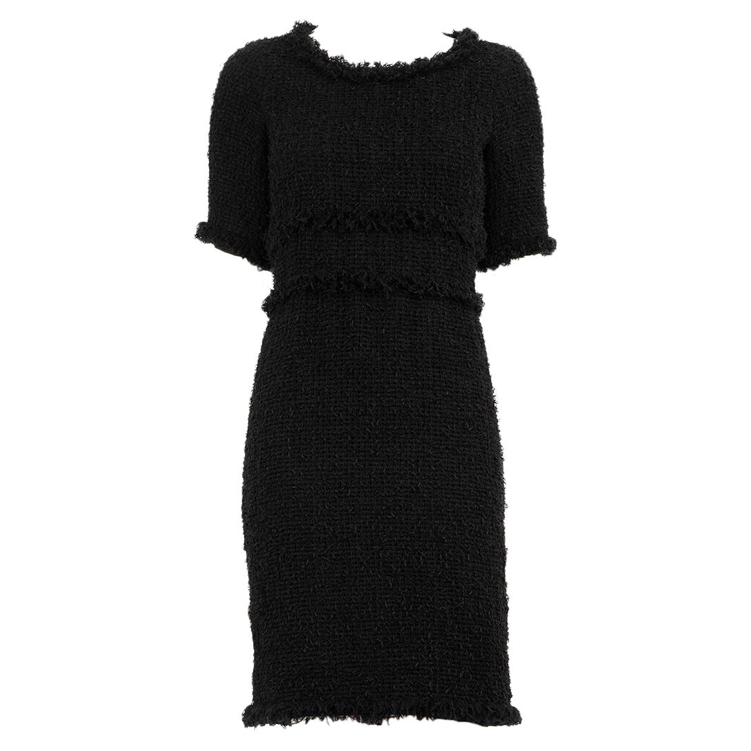 Chanel Black Tweed Fringed Knee Length Dress Size XS For Sale