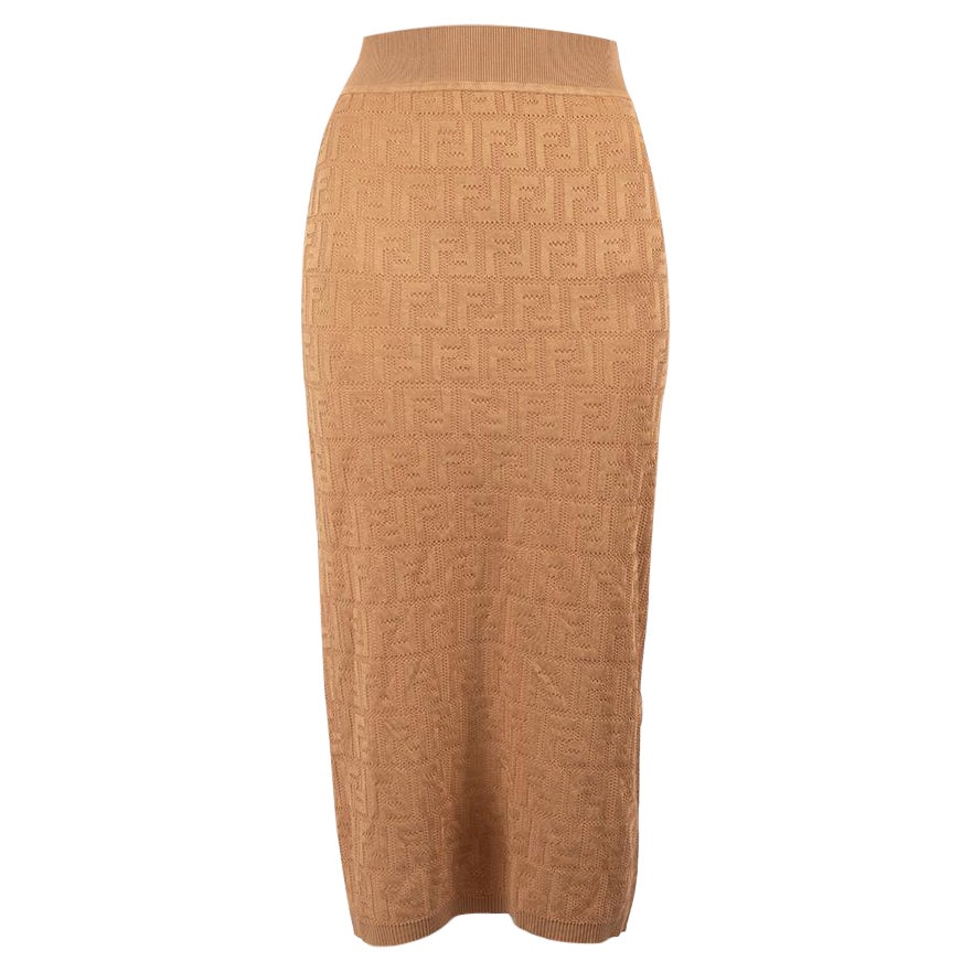 Fendi Brown Logo Knit FF Motif Midi Skirt Size XS For Sale