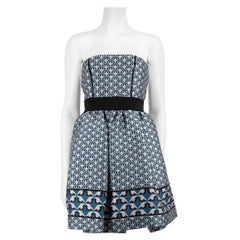Used Fendi Blue Geometric Jacquard Strapless Mini Dress Size S