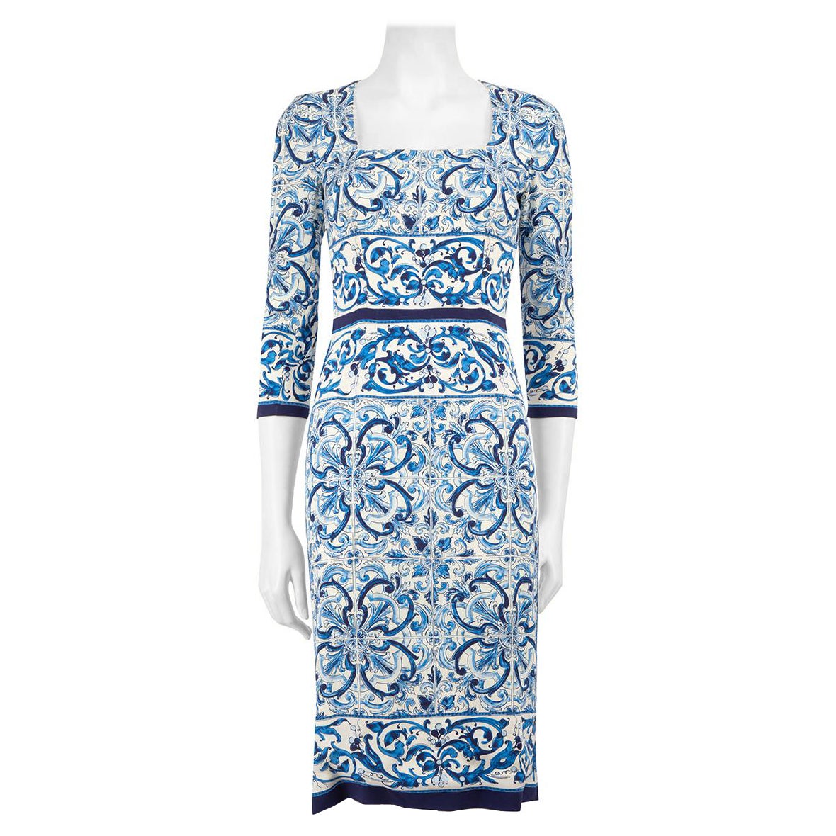 Dolce & Gabbana Blue Silk Majolica Print Midi Dress Size S For Sale