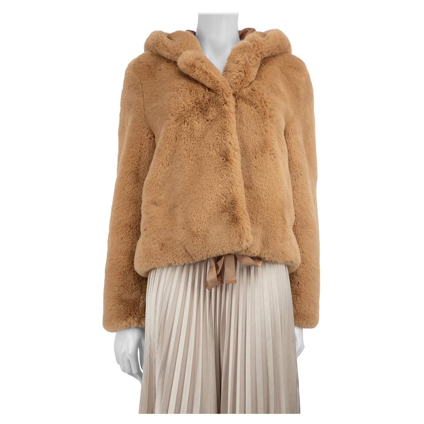 Sandro Camel Faux Fur Hooded Jacket Size M For Sale