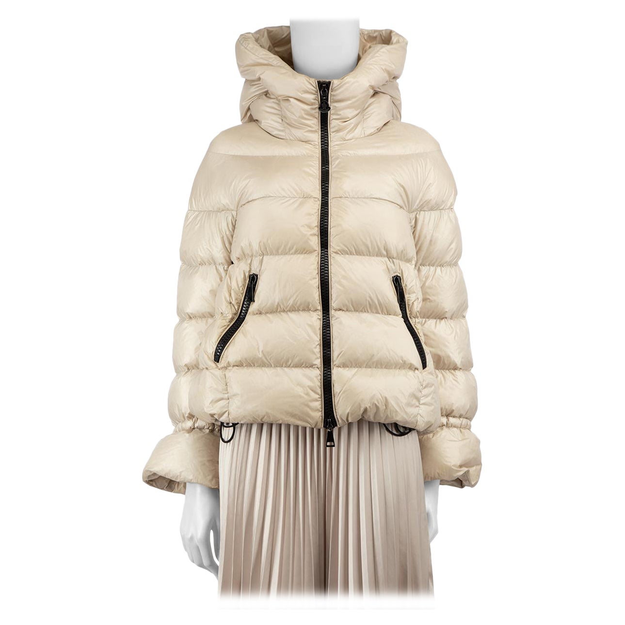Moncler Beige Hooded Puffer Down Cropped Coat Size M For Sale