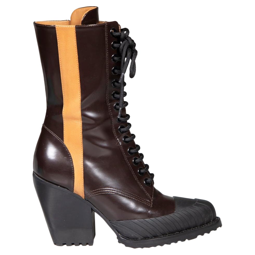 Chloé Brown Leather Rylee Lace Up Boots Size IT 39 For Sale