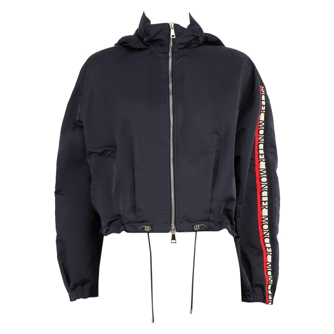 Moncler Navy Logo Collapsible Hood Bomber Jacket Size S For Sale