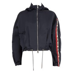 Used Moncler Navy Logo Collapsible Hood Bomber Jacket Size S