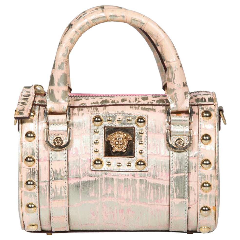 Versace Pink Leather Croc Embossed Mini Bag For Sale