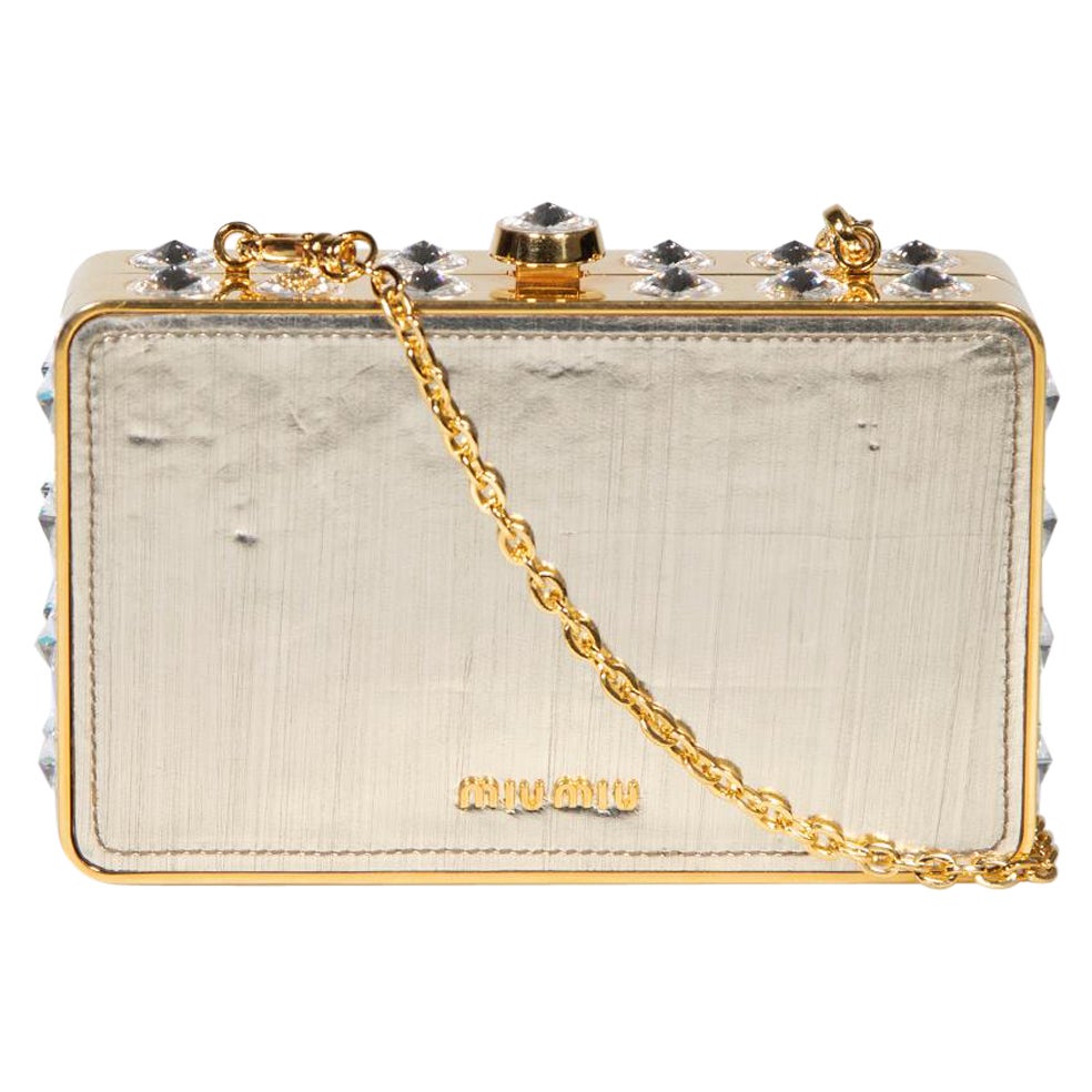 Miu Miu Gold Embellished Hard Clutch with Chain For Sale