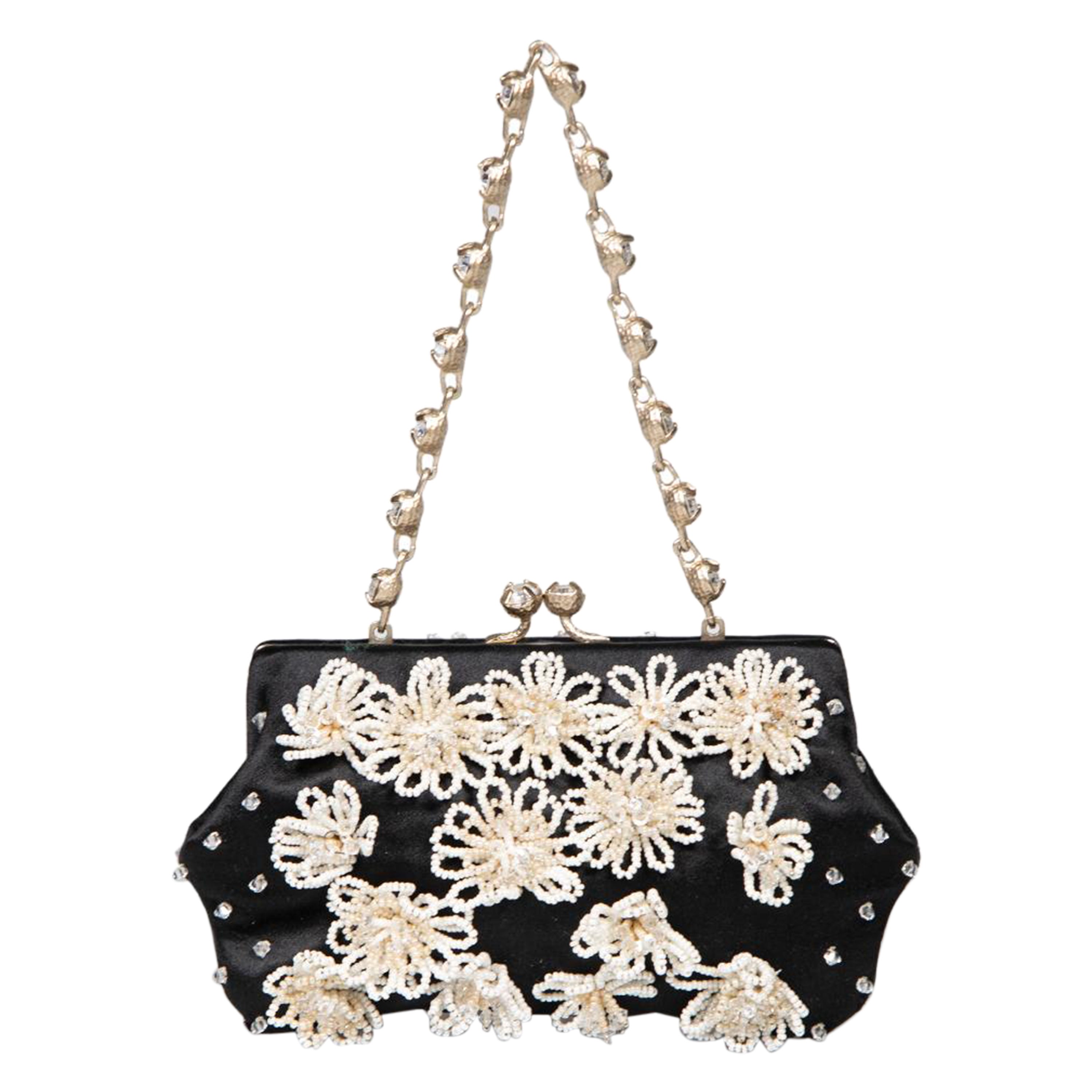Valentino Garavani Vintage Black Satin Floral Embellished Mini Bag