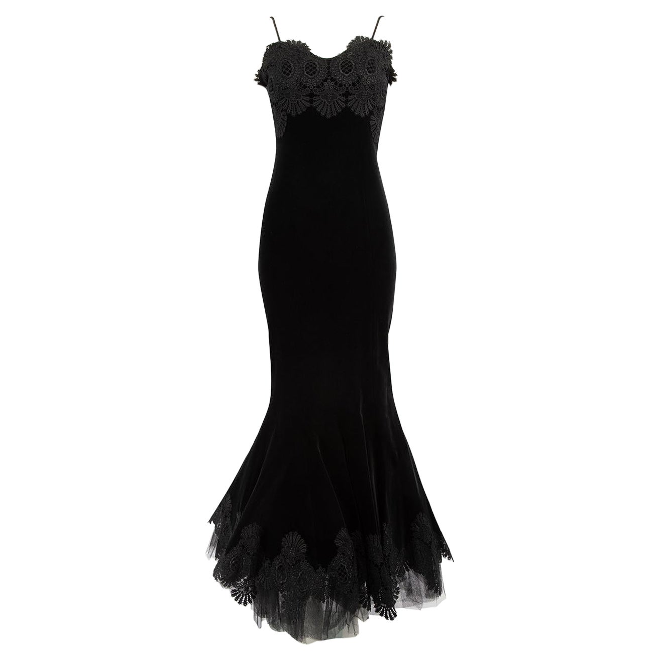 Jiki Monte Carlo Black Velvet Lace Trim Maxi Gown Size M For Sale