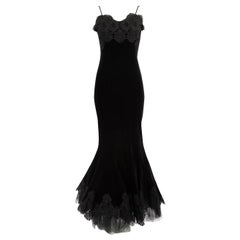 Jiki Monte Carlo Black Velvet Lace Trim Maxi Gown Size M