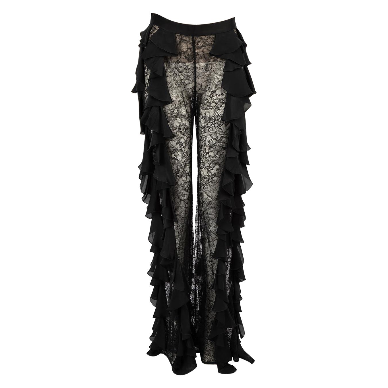 Balmain Black Lace Ruffled Flared Trousers Size S For Sale