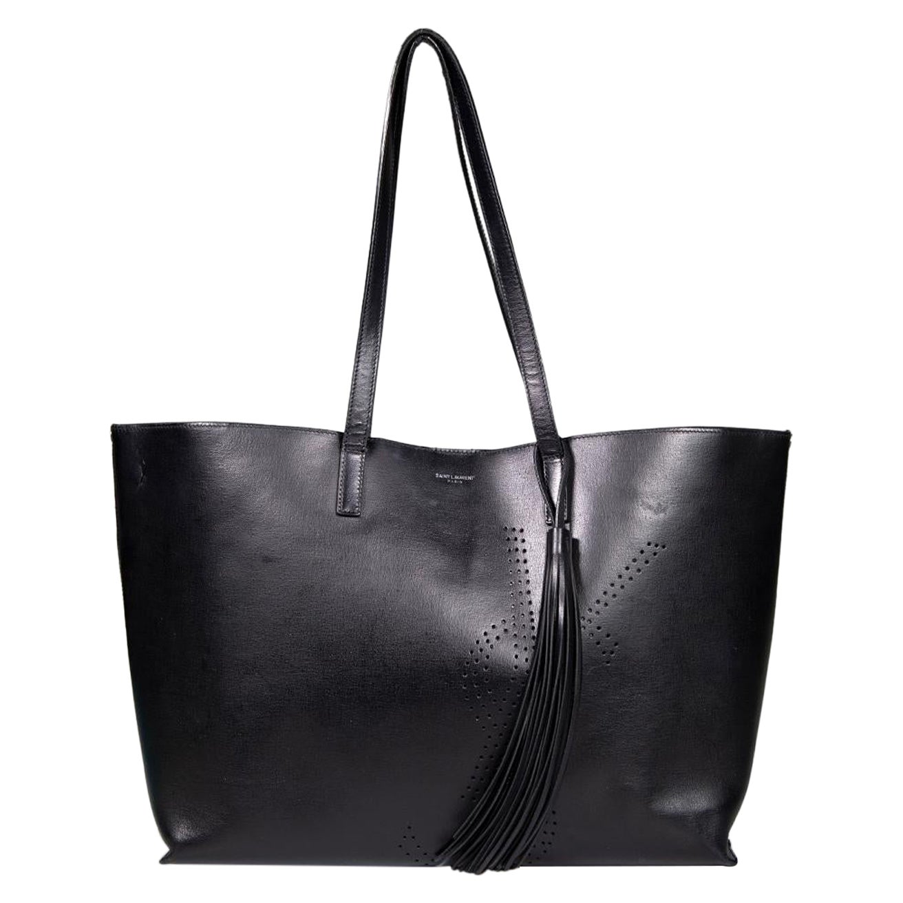 Saint Laurent Black Leather Perforated East West Shopper Tote For Sale