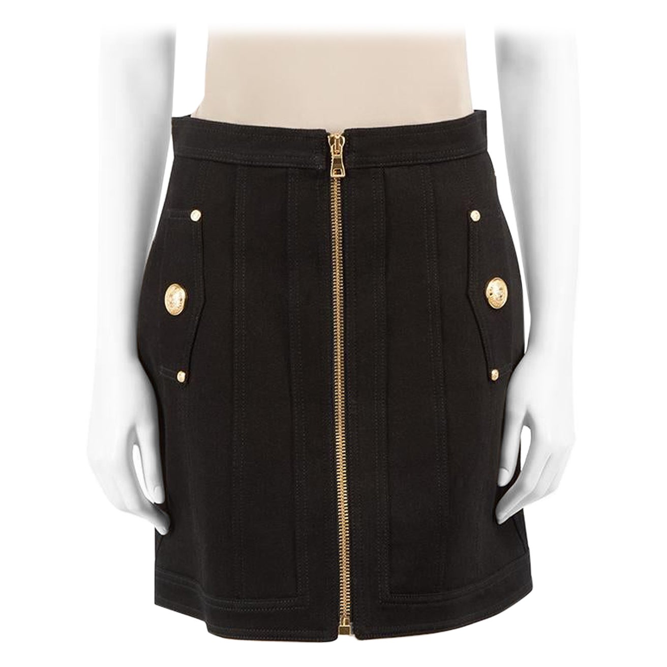 Balmain Black Front Zip Button Detail Mini Skirt Size L For Sale