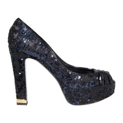 Used Louis Vuitton Navy Sequin Peep Toe Platform Heels Size IT 38.5