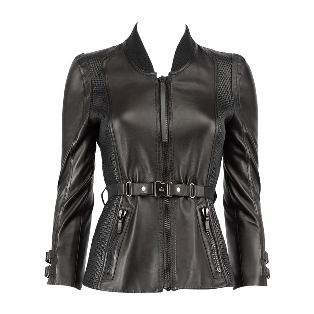 Gucci Black Leather Panelled Biker Jacket Size XS For Sale