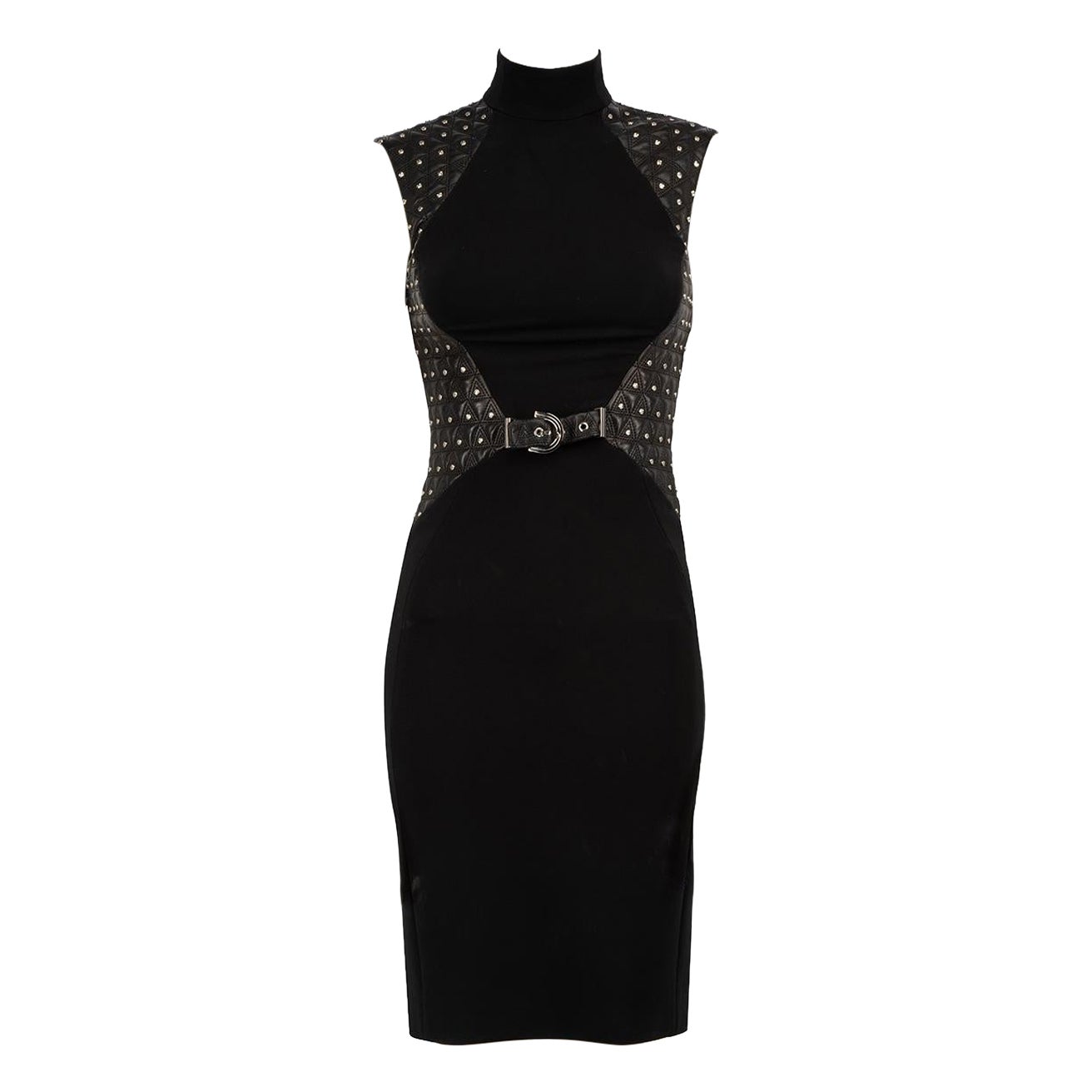 Versace Black Studded Buckle Midi Dress Size XS en vente