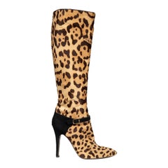 Roberto Cavalli Brown Brown Leopard Print Pony Hair Boots Size IT 38.5