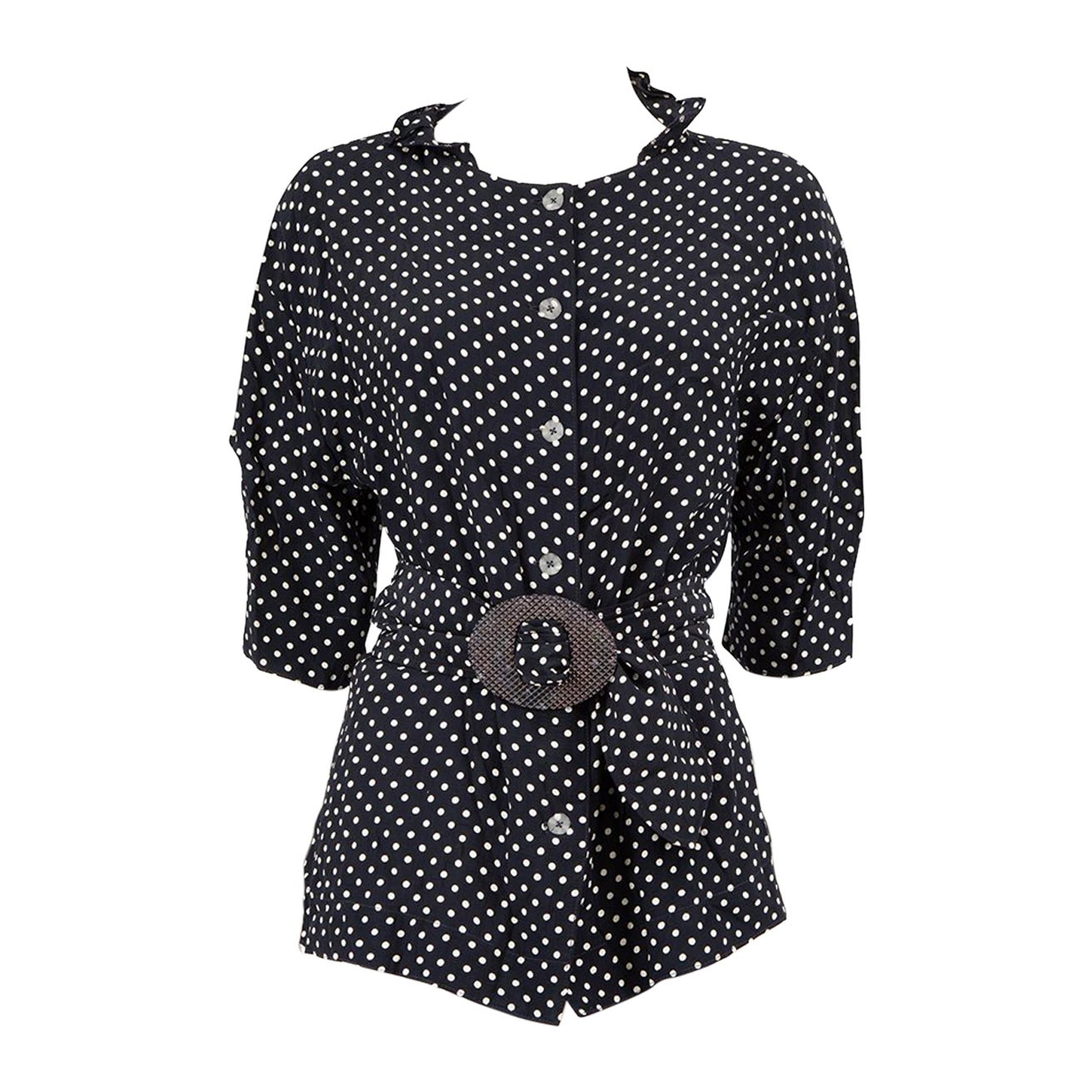 Jean Muir Navy Polka Dot With Bow Shirt Size M For Sale