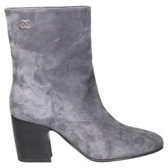 Used Chanel Grey Suede CC Logo Ankle Boots Size IT 35