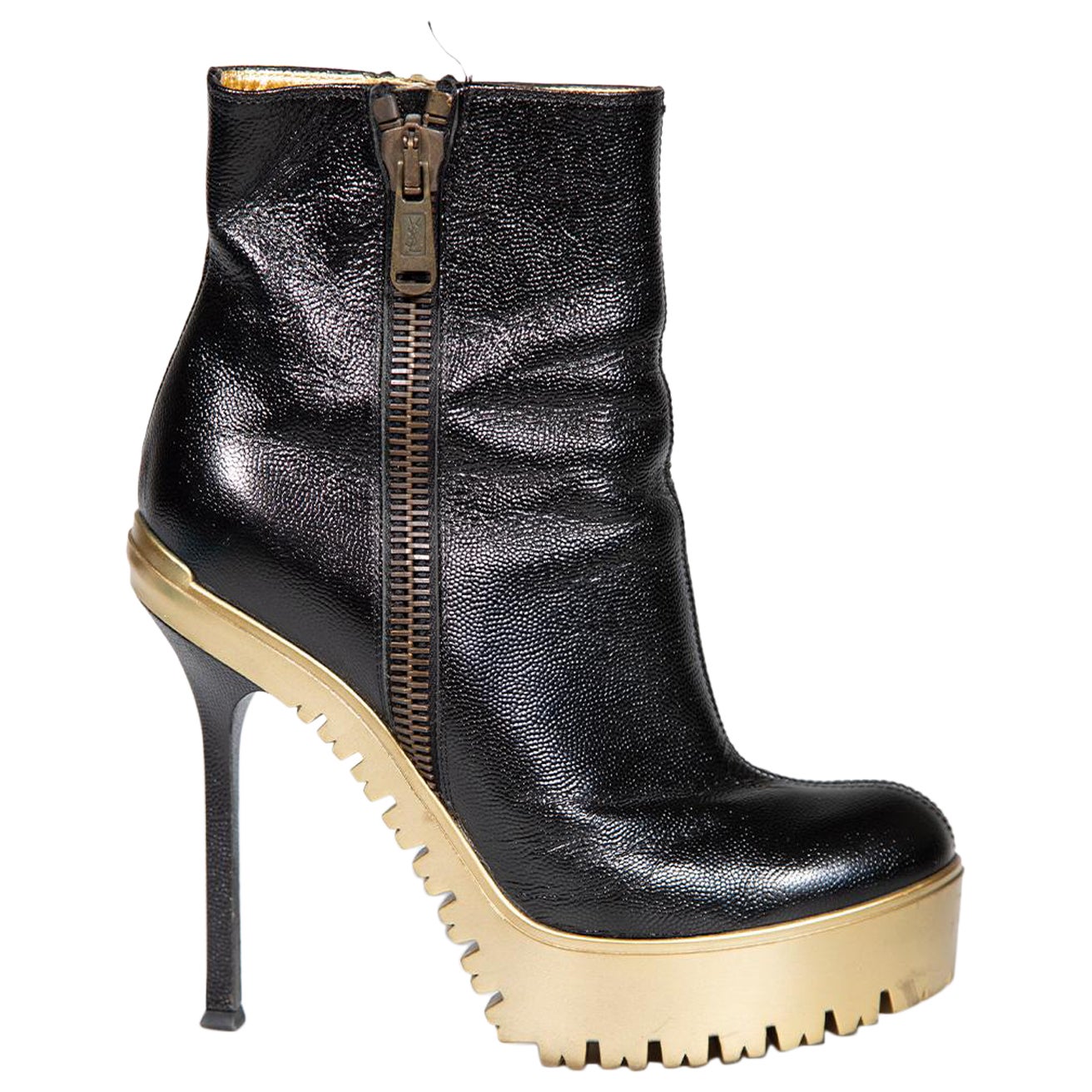 Saint Laurent Black Leather Chunky Ankle Boots Size IT 39 For Sale