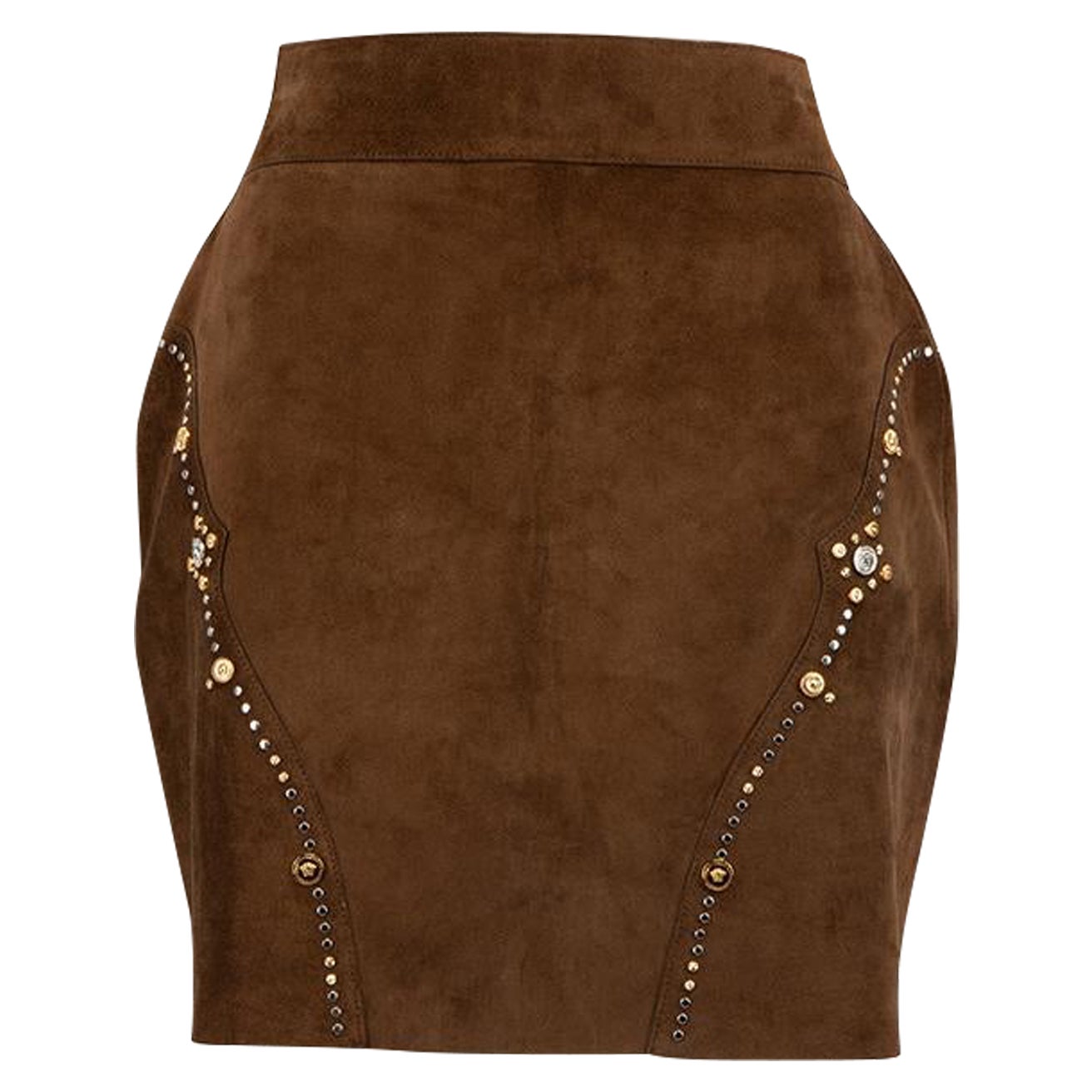 Minijupe en daim à ornements, couleur Brown, Versace Taille XS en vente